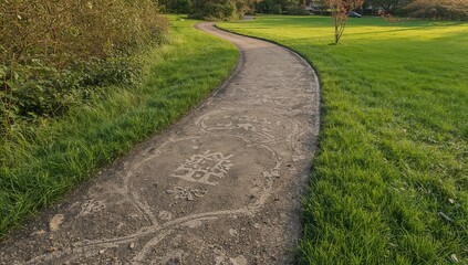 Obraz premium A pathway winding through a park surrounded by lush green grass, ideal for leisurely strolls