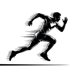 An athletic male runner sprints forward with speed lines indicating motion.