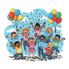 Joyful children celebrate with balloons and confetti, creating a vibrant scene of happiness and excitement perfect for back to school designs