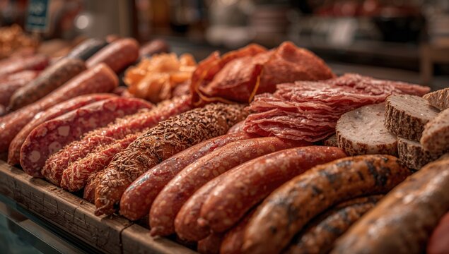 Variety of sausage types, focus on processed meat risk - Powered by Adobe