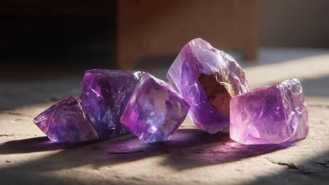 Purple amethyst crystals resting on a wooden surface, illuminated by sunlight.
