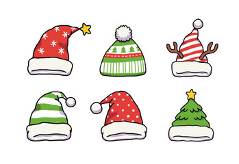 Christmas and Holiday Hat Cartoon Vector Set &ndash; Santa, Elf, Reindeer, Tree Hats, Festive Winter Illustration
