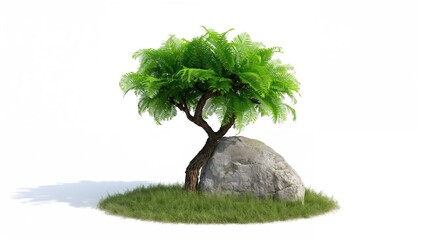 Tropical plant fern bush tree stone isolated on a white backdrop, suitable for editorial header background
