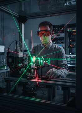 Scientist in safety goggles operates complex optical equipment with intersecting red and green laser beams
