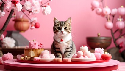 ひな祭りアイテムと猫のコラボレーションイラスト