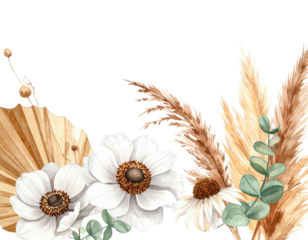 Watercolor boho floral arrangement in shades of beige, cream, and green against a black background