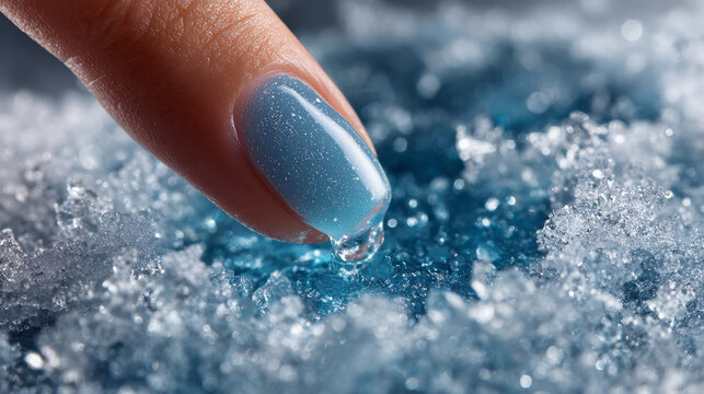 Blue nail polish on fingertip with water drop on icy surface in cold environment