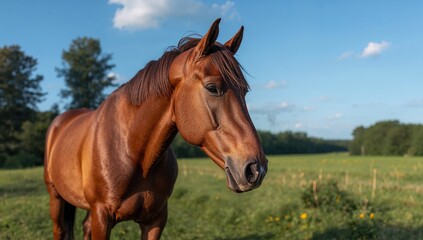 Working horse in a summer farm field setting, emphasizing teamwork in agriculture