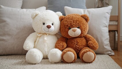 Two cheerful teddy bears resting on a carpet in a nursery surrounded by pillows, symbolizing friendship and togetherness