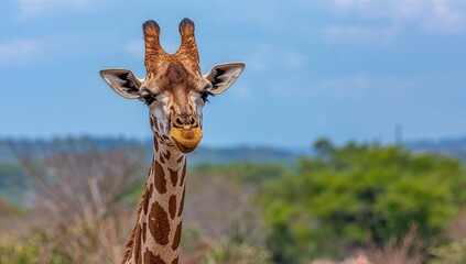 Fototapeta premium Giraffe standing in a natural landscape, emphasizing wildlife preservation