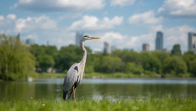 Gray Heron standing in Vondelpark, a symbol of urban wildlife preservation