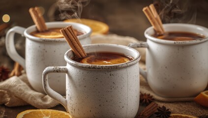 Mulled wine served in rustic white mugs, featuring spices and citrus, beneficial for cozy gatherings