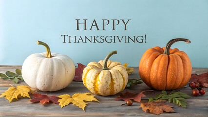 Happy thanksgiving greeting with pumpkins and autumn leaves on rustic wood