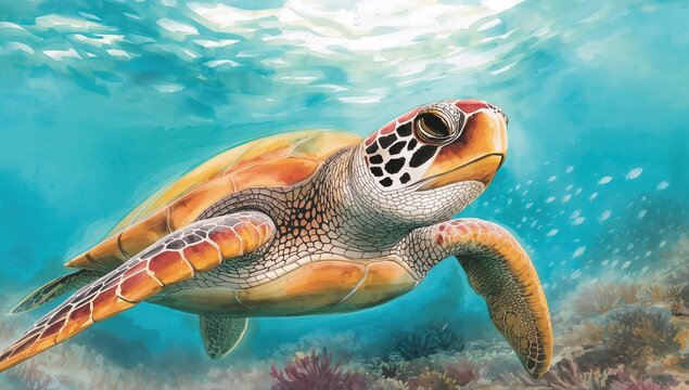 Watercolor illustration of a vibrant sea turtle swimming in a turquoise ocean, showcasing marine life beauty