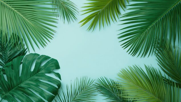 Tropical palm leaves and green foliage, ideal background for editorial layouts