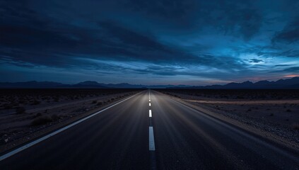 Naklejka premium Modern highway traversing a desert under an evening sky, showcasing travel innovation and infrastructure development