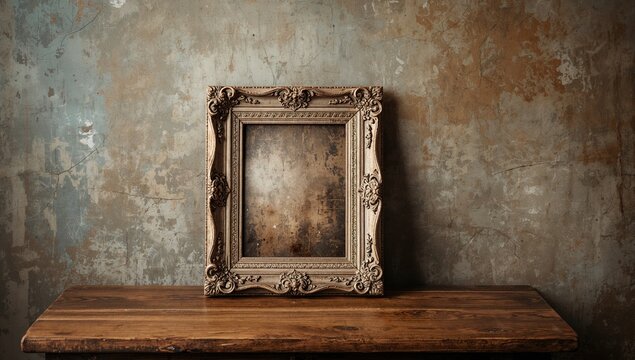 Vintage photo frame resting on a wooden surface, suitable for editorial header background