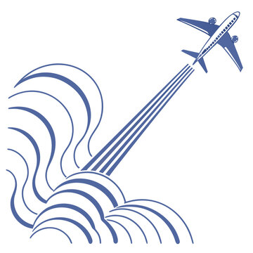 Stylized blue airplane soaring upwards through abstract wavy clouds leaving a trail of parallel lines