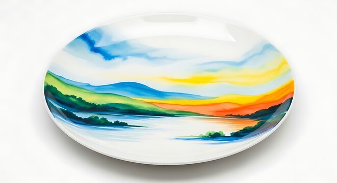 Watercolor landscape painting on a round plate - Powered by Adobe