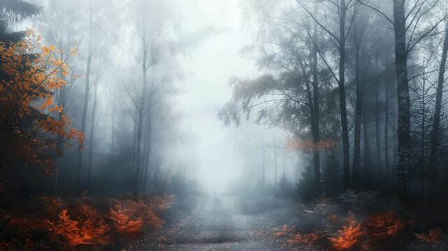 Mysterious foggy forest path in autumn