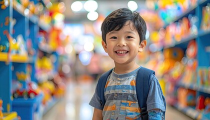 Joyful Young Boy With Backpack Stands In A Brightly Lit Toy Store Aisle With Colorful Shelves Filled With Toys Blurred Background Creates A Sense Of Depth