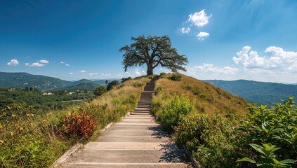 Stairs leading to a hillside, promoting outdoor exploration and nature appreciation