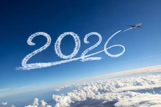 Airplane Drawing 2026 New Year Number with Smoke Trail in Blue Sky over Clouds - Air Travel, Future Business Goals and Holiday Vacation Concept