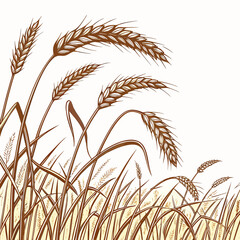 Stylized illustration of ripe brown wheat stalks swaying gently in a field against a white background