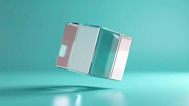 A clear, square-shaped object hovers in a turquoise space, casting a shadow below it