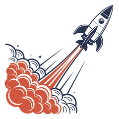 Retro style cartoon rocket blasting off with fiery exhaust and stylized smoke clouds against a white background