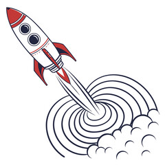 Retro style cartoon rocket ship blasting off into space leaving a trail of smoke and concentric circles