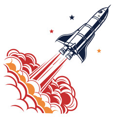 Stylized retro rocket ship blasting off into space leaving a trail of fiery exhaust and smoke with stars