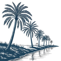 A serene line of palm trees along a calm body of water with lush green grass and a white background