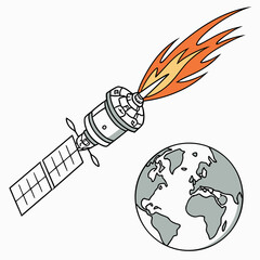 Cartoon satellite with solar panels and fiery exhaust propels itself through space near planet earth