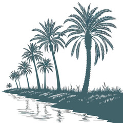 A row of stylized palm trees silhouetted against a white background with a river flowing beside them