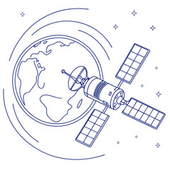 Stylized line art illustration of a satellite orbiting planet earth against a starry night sky background