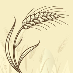 Elegant line art illustration of a single ripe wheat stalk with leaves against a soft yellow background with blurred wheat fields
