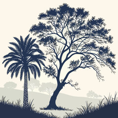 Silhouette of a tall palm tree and a large deciduous tree against a pale background with rolling hills