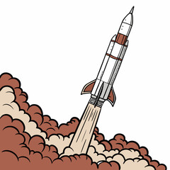 Retro styled rocket blasting off into the sky with billowing smoke and flames against a white background