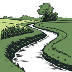 Stylized illustration of a winding river flowing through lush green fields and rolling hills under a clear sky