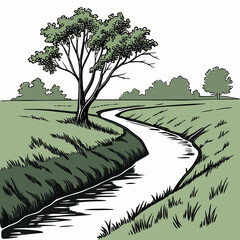 A serene hand drawn illustration of a winding river flowing through a lush green meadow with a solitary tree