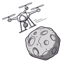 A futuristic drone with a camera explores a rocky asteroid in outer space on a white background