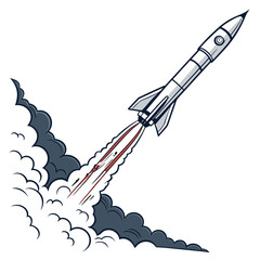 Retro style rocket ship blasting off into the sky with dark smoke and red exhaust flames