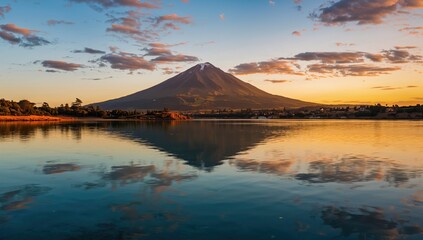 Fototapeta premium Sunset view above the tranquil lake, highlighting seasonal change
