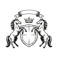 Heraldic Design Featuring Two Horses, Shield, Crown, and Ribbon Emblem