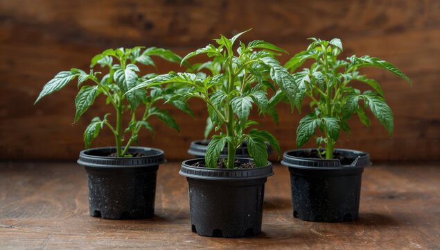 Tomato seedlings in a plastic pot, beneficial plant growth indoors - Powered by Adobe