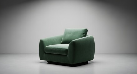 Modern green armchair with plush cushion in spotlight