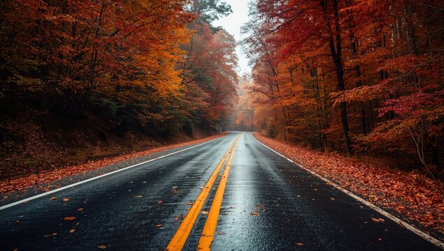 Scenic forest road blanketed in fallen leaves, autumn foliage richness