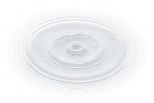 Water droplet creating expanding concentric ripple circles on a transparent background. Fluid motion and abstract water surface