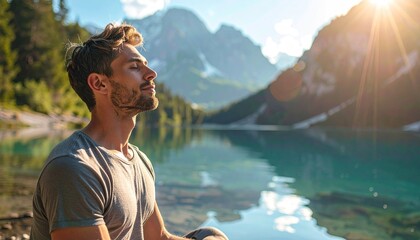 Man Meditating Outdoors By A Lake With Mountains In The Background And Sunlight Shining Through The Trees Creating A Peaceful Atmosphere